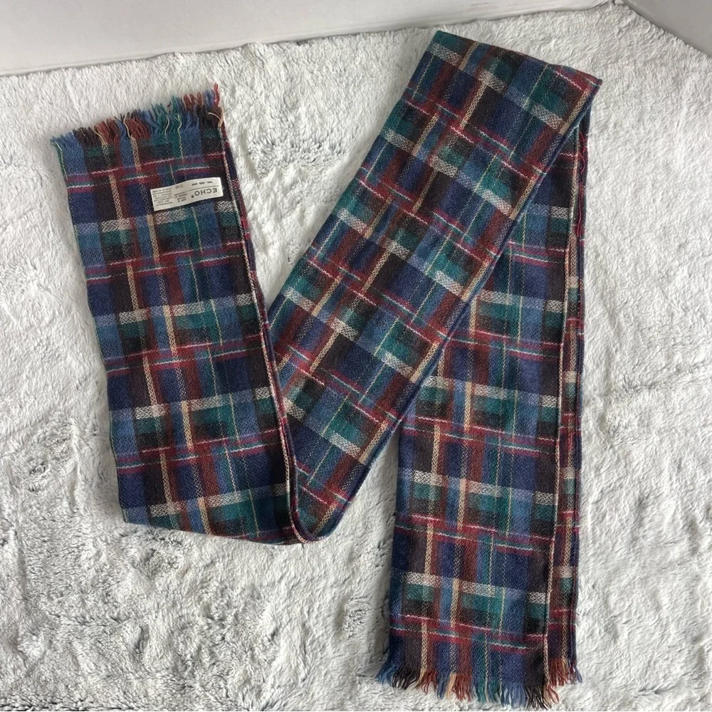 ECHO Woolen Mills Plaid Flannel Wool Scarf Vintage